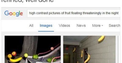 High contrast pictures of fruit floating threateningly in the night